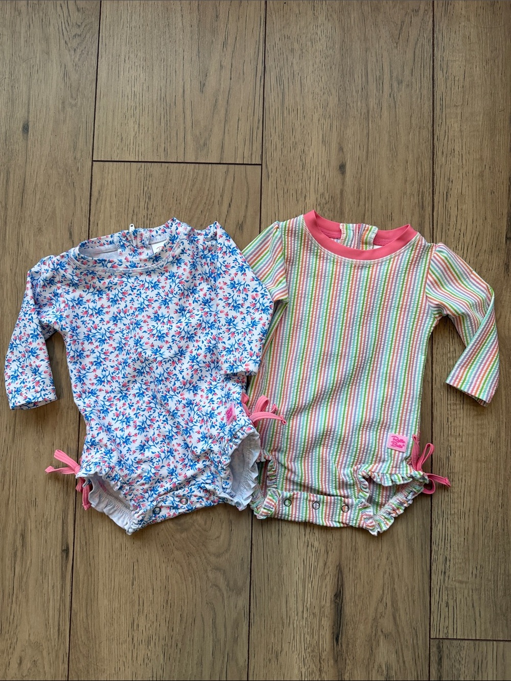 Ruffle Butts One Piece Rash Guard 2 Lot Set Baby Girls 3-6 Months Pink Blue Swim